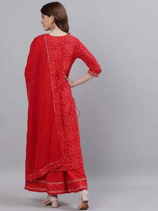 Red Cotton Bandhani Print & Gota Patti Detailing Sharara Set with Dupatta