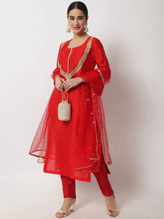 Red Silk Gota Embellished Suit Set with Net Dupatta