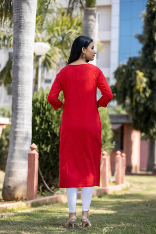 Cotton Red Sequins Detailing Kurta - Ria Fashions