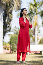 Solid Cotton Red Kurta - Ria Fashions