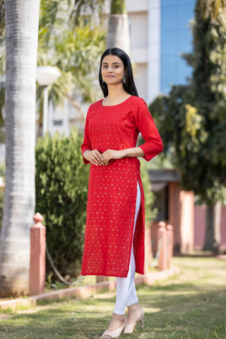 Cotton Red Sequins Detailing Kurta - Ria Fashions