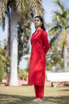 Solid Cotton Red Kurta - Ria Fashions