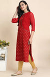 Maroon Poly Crepe Floral Print Straight Cut Kurta with Attached Jacket