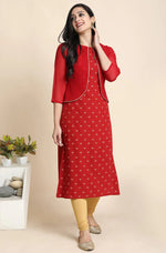 Maroon Poly Crepe Floral Print Straight Cut Kurta with Attached Jacket