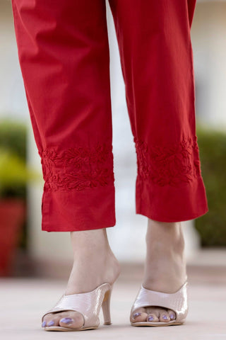 Cotton Red Embroidered Chikankari Suit Set in Lucknowy Style - Ria Fashions