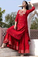 Modal Silk Red Embroidered Sharara Suit Set - Ria Fashions