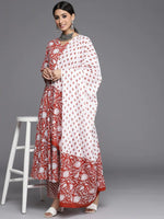 Cotton Red & White Printed Anarkali Style Suit Set
