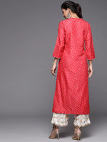 Polyester Red Bandhani Print & Yoke Design Kurta