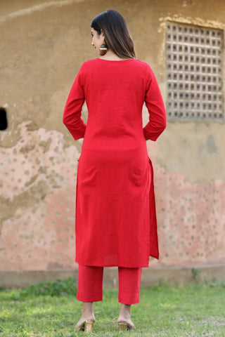 Red Cotton Sequins Embellished Detailing Kurta Pant Set