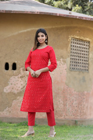Red Cotton Sequins Embellished Detailing Kurta Pant Set