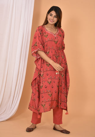 Modal Silk Red Mirror Work & Printed Kaftan Pant Set