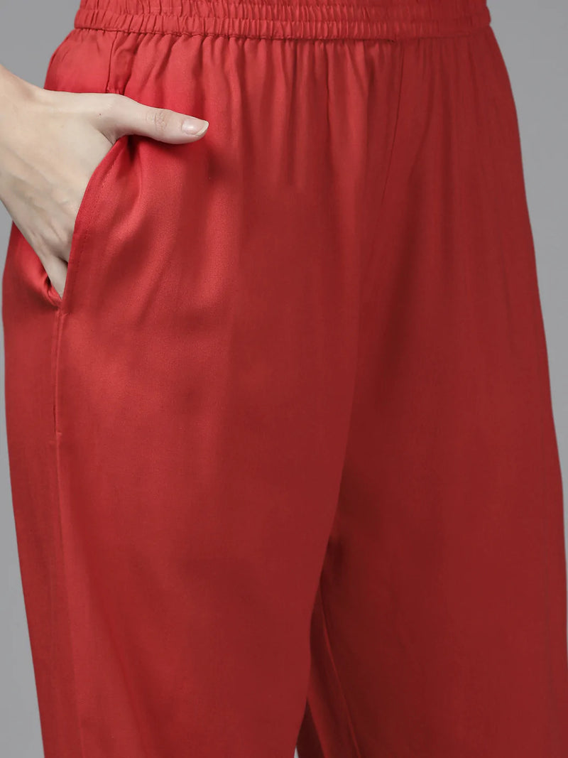 Red Viscose Rayon Leheriya Print Suit Set with Voile Dupatta