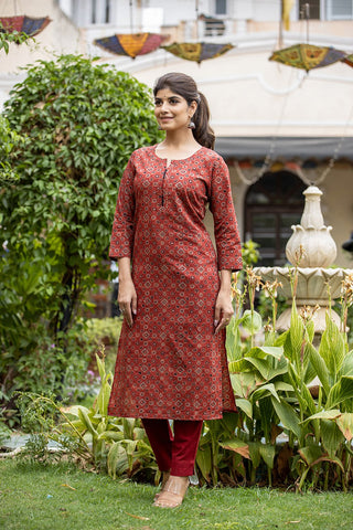 Cotton Red Bandhani Print Suit Set with Dupatta