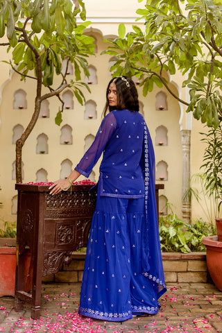 Royal Blue Georgette Mirror Embroidery Sharara Set with Dupatta