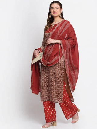 Chanderi Silk Rust-Beige Kurta Palazzo Suit Set with Cotton Dupatta