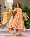 Cotton Dress Set - Mustard Colored Dabu Print - Ria Fashions