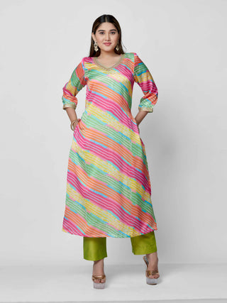 Multicolor Leheriya Print  Silk Kurta Pant Set
