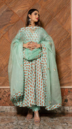 Cotton Sea Green Hand Block Print Anarkali Suit Set - Ria Fashions