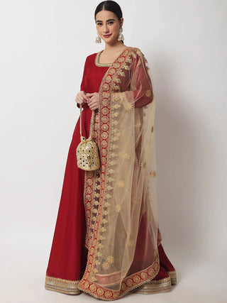 Maroon Silk Anarkali Style Suit Set with Heavy Net Zari & Stone Detailing Dupatta