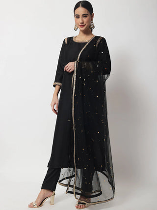 Silk Black Gold Thread Detailing Suit Set with Gota & Squin Detailing Net Dupatta