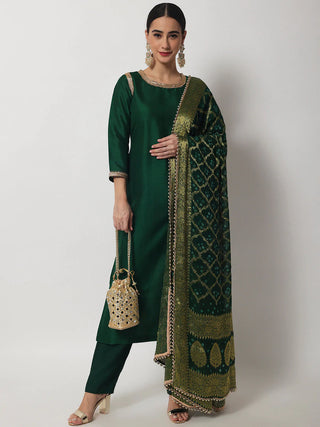 Green Silk Solid Suit Set with Georgette Banarasi Bandhej Print Dupatta