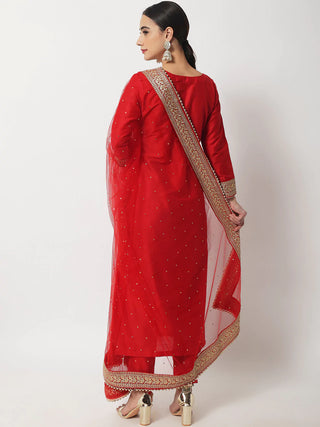 Silk Red Beads & Zari Detailing Embellished Suit Set with Zari & Stones Detailing Net Dupatta