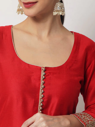 Silk Red Beads & Zari Detailing Embellished Suit Set with Zari & Stones Detailing Net Dupatta