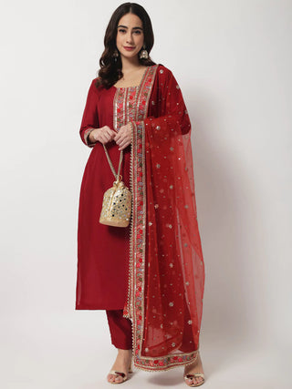 Silk Red Thread Embroidered Suit Set with Zari & Sequin Detailing Net Dupatta