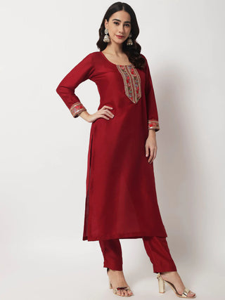 Silk Red Thread Embroidered Suit Set with Zari & Sequin Detailing Net Dupatta