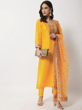 Silk Yellow Embroidered & Embellished Suit Set with Net Dupatta