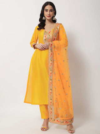 Silk Yellow Embroidered & Embellished Suit Set with Net Dupatta