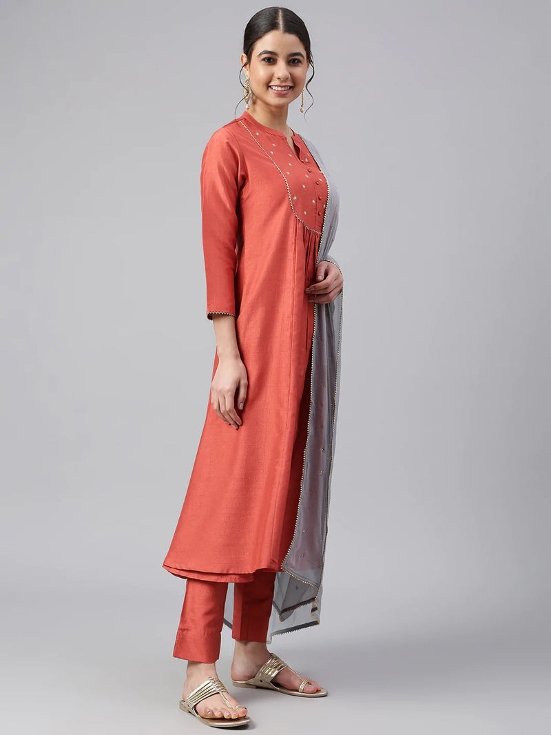 Silk Solid Rust Suit Set with Contrast Dupatta