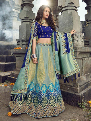 Blue Jacquard Silk Bridal Lehenga - Ria Fashions