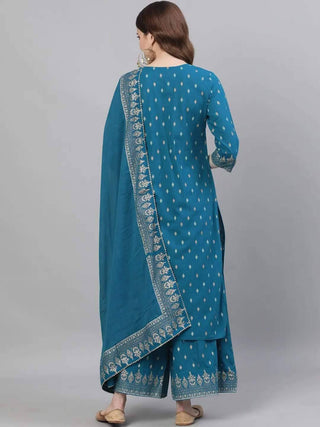 Teal Blue Straight Palazzo Suit Set - Ria Fashions