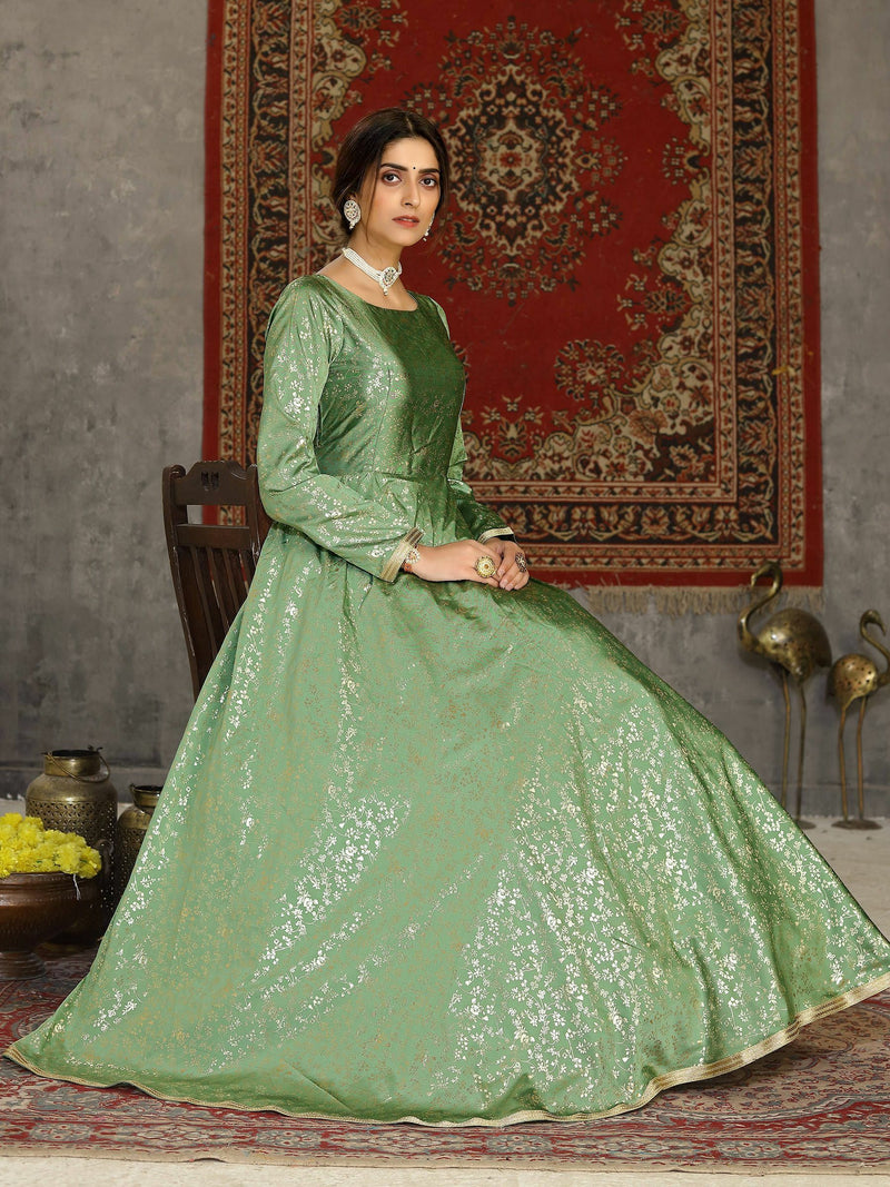 Green Taffeta Silk Embellished Detailing with Metallic Foil Print Anarkali Gown