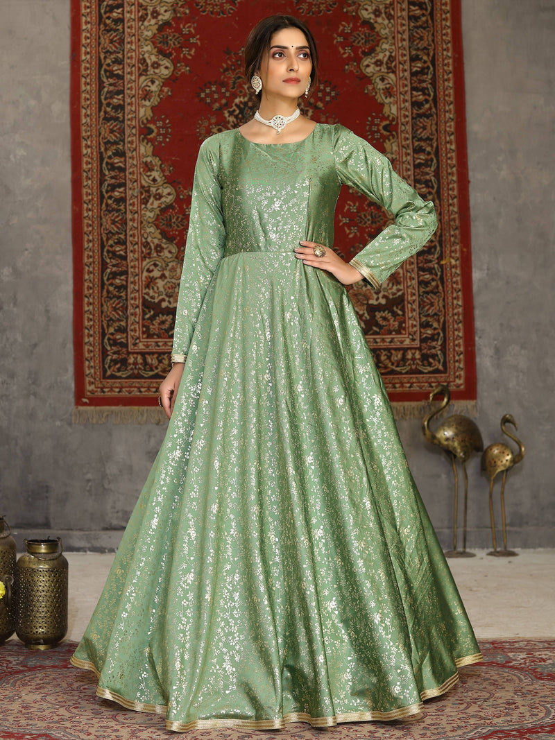 Green Taffeta Silk Embellished Detailing with Metallic Foil Print Anarkali Gown