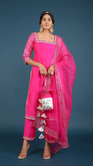 Pink Taffeta Silk Suit Set with Organza Dupatta