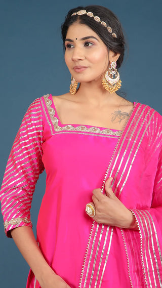 Pink Taffeta Silk Suit Set with Organza Dupatta