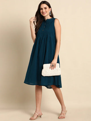 Teal Blue Cotton A line Dress - Ria Fashions