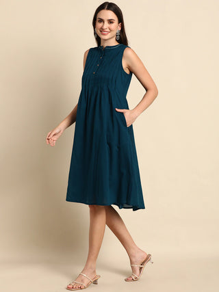 Teal Blue Cotton A line Dress - Ria Fashions