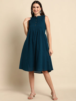 Teal Blue Cotton A line Dress - Ria Fashions