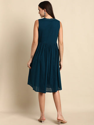 Teal Blue Cotton A line Dress - Ria Fashions