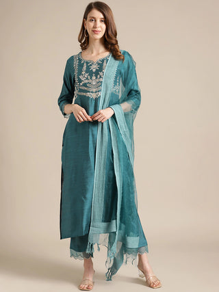 Silk Blend Teal Blue Floral Embroidered Suit Set with Dupatta - Ria Fashions