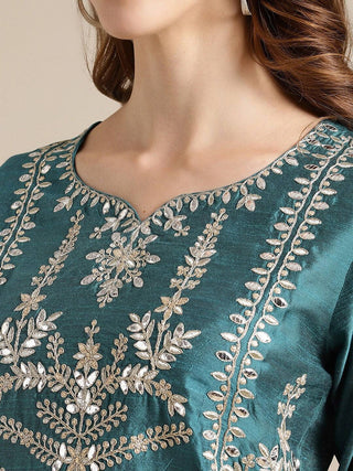 Silk Blend Teal Blue Floral Embroidered Suit Set with Dupatta - Ria Fashions