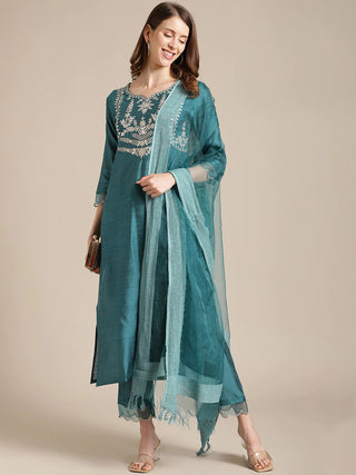 Silk Blend Teal Blue Floral Embroidered Suit Set with Dupatta - Ria Fashions