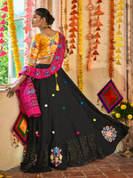 Muslin Cotton Black & Yellow Heavy Embroidered Lehenga Choli Set
