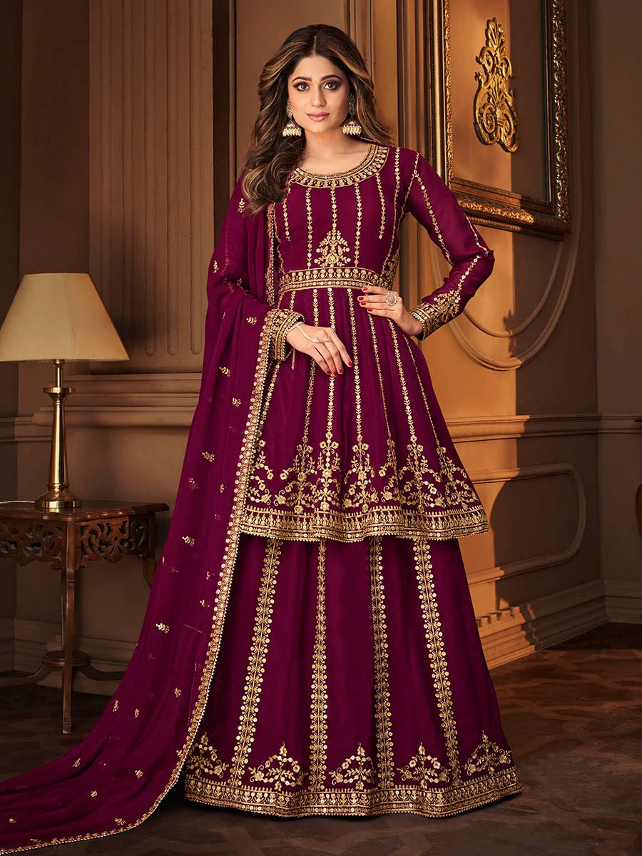 Georgette Purple Embroidered Skirt Style Suit Set - Ria Fashions