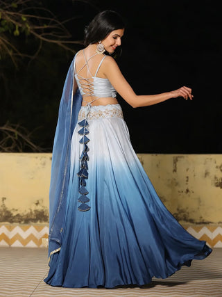 Grey & White Ombre Viscose Muslin Blouse with Blue Embroidered Lehenga with Organza Dupatta