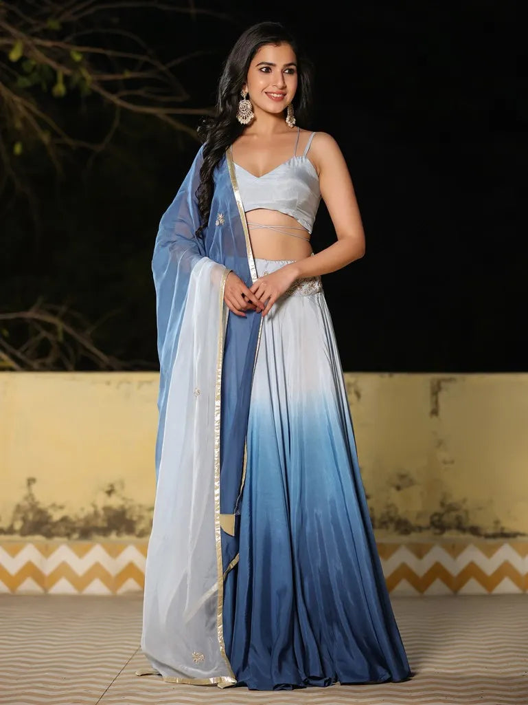 Grey & White Ombre Viscose Muslin Blouse with Blue Embroidered Lehenga with Organza Dupatta