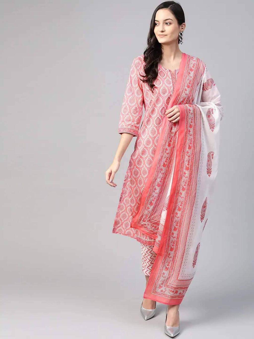 Pink & White Printed Kurta with Trousers & Dupatta Online - RiaFashions - Ria Fashions